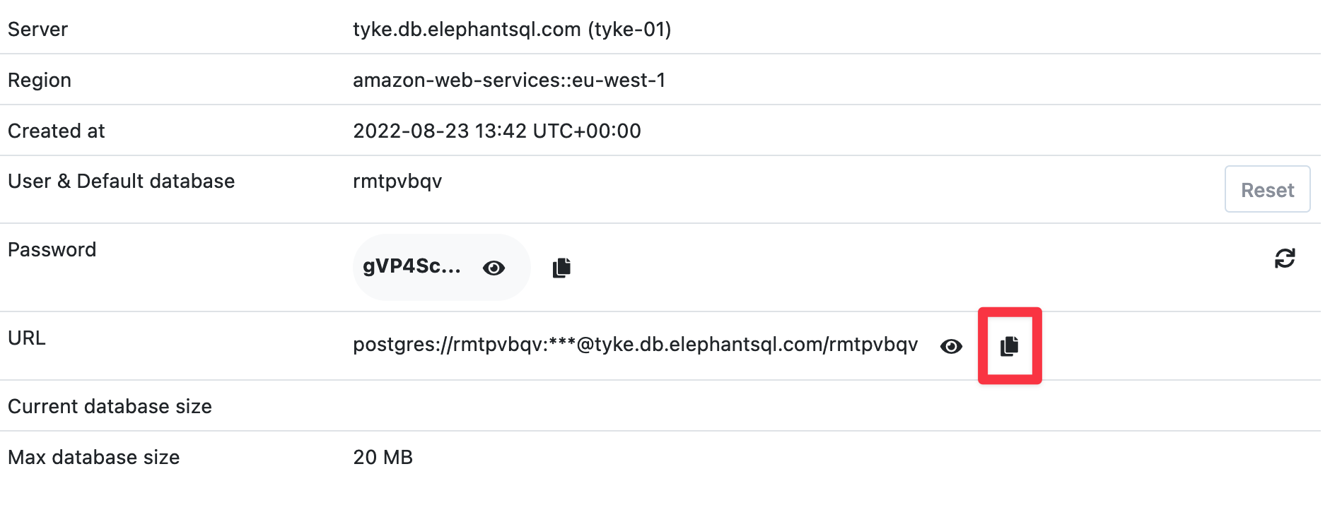 ElephantSQL screenshot showing that a copy icon beside the Database URL can be clicked to copy it